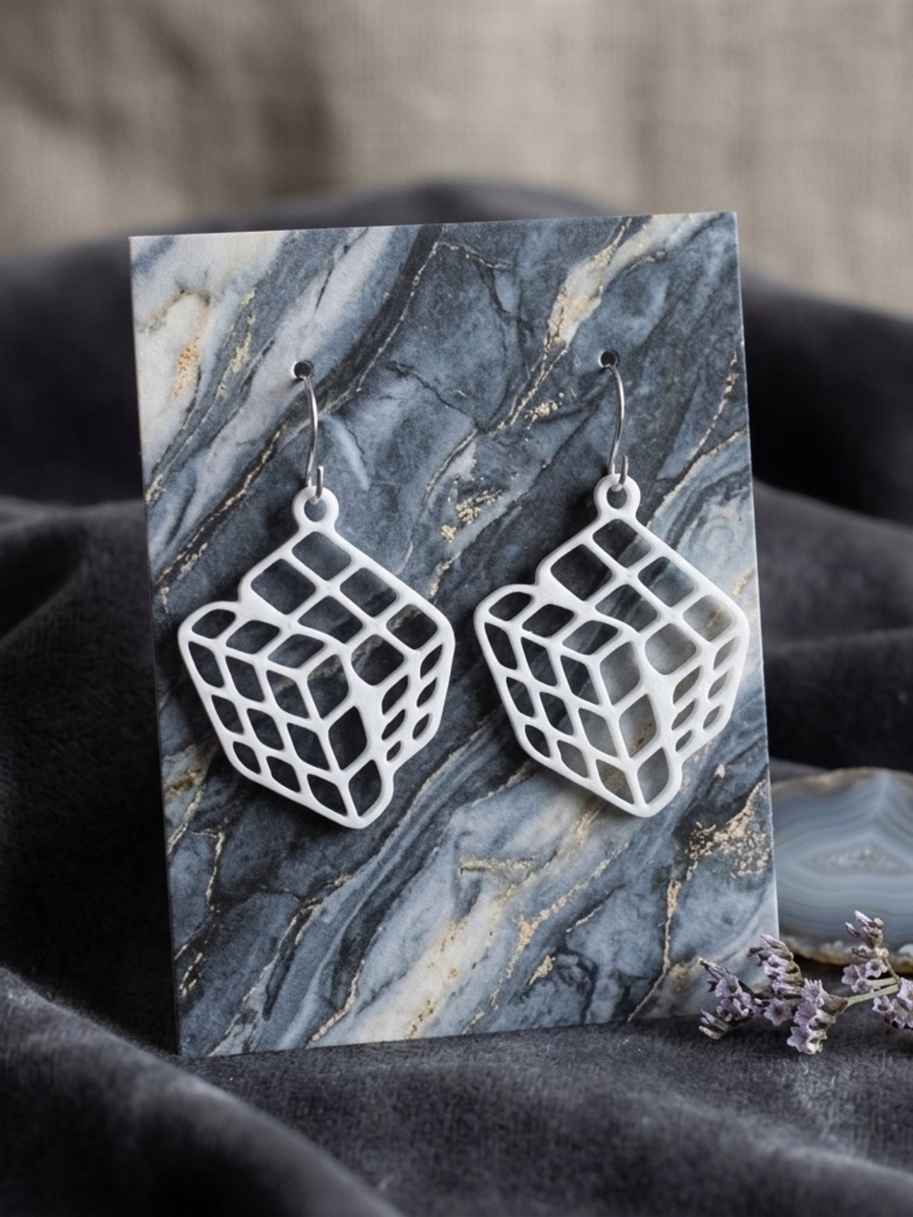White Geometric Cube Dangle Earrings